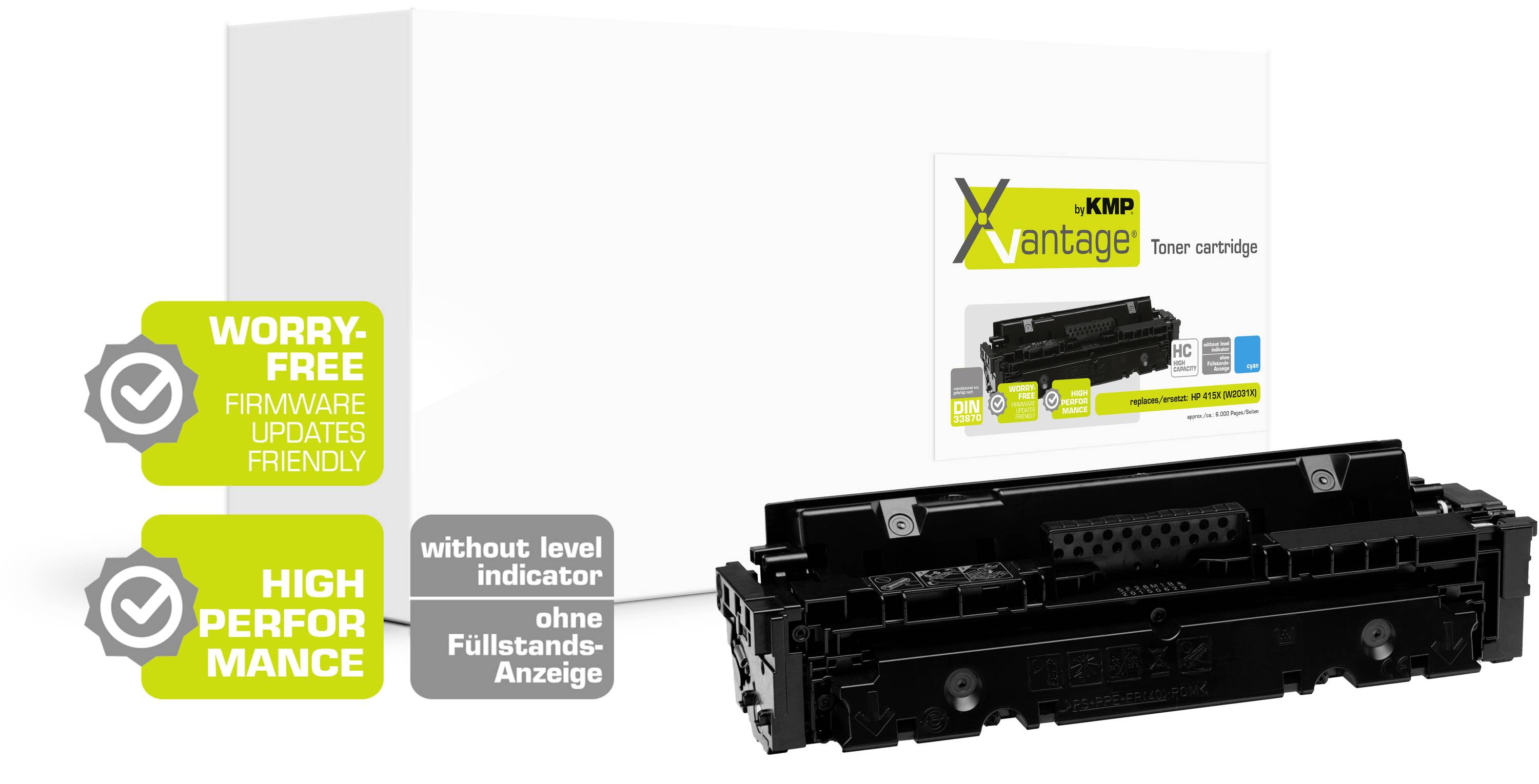 Tonerpatrone mit Verpackung der Marke 'XMP Vantage'. Hinweise: 'Worry-Free Firmware Updates Friendly', 'High Performance', ohne Füllstandsanzeige.