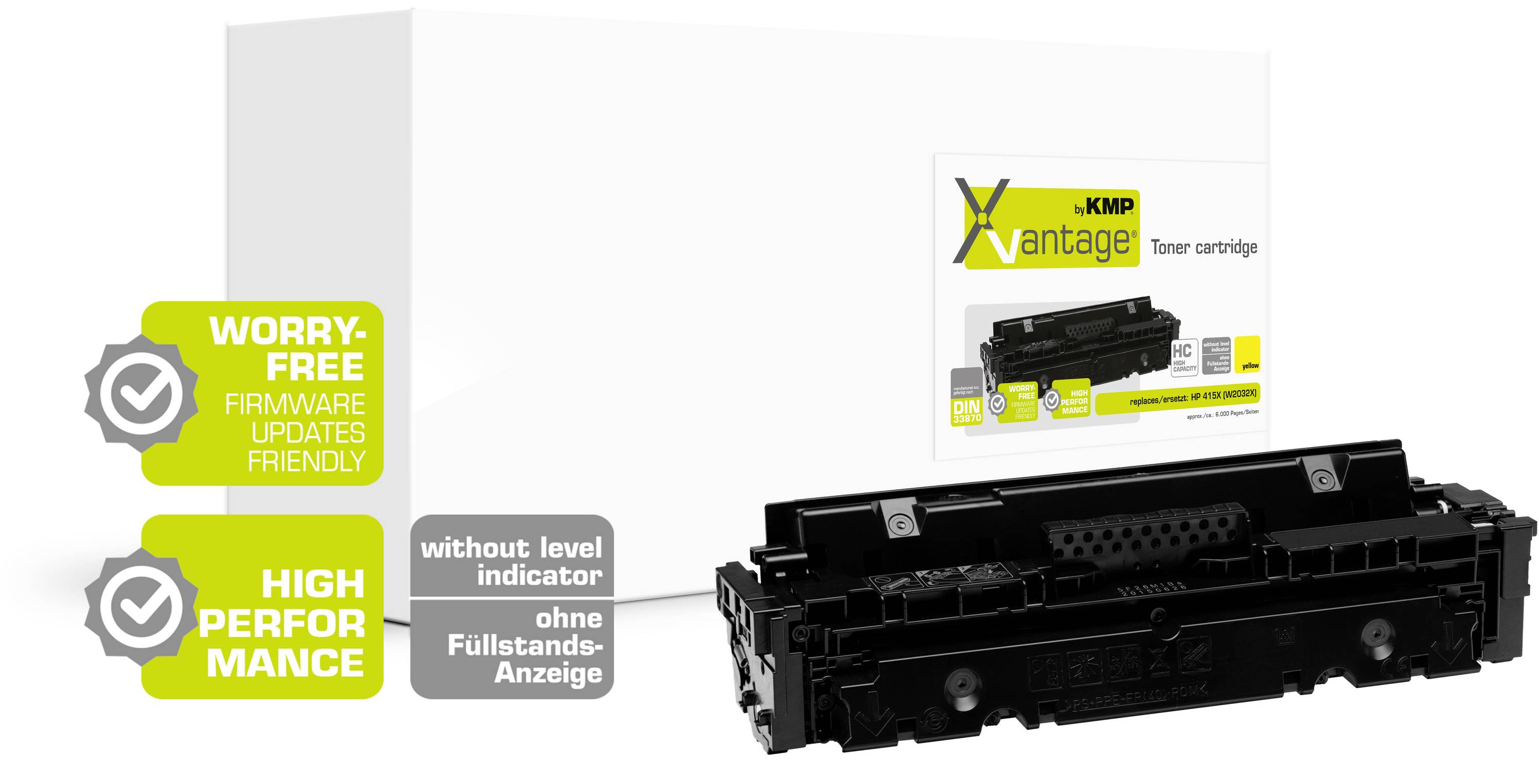 Schwarze Tonerkartusche vor weißer Verpackung mit Etikett 'xMNP Vantage'. Text: 'Worry-Free', 'High Performance'.