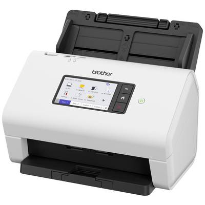 Ein weißer Brother-Dokumentenscanner mit Farbdisplay und Bedientasten. Der Scanner ist bereit für den Einsatz im Büro.