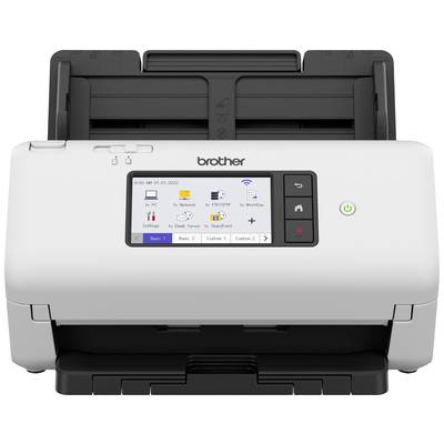 Ein weißer Scanner mit einem Farbdisplay in der Mitte zeigt Symbole und Menüs. Markenname 'brother' oben am Gerät.