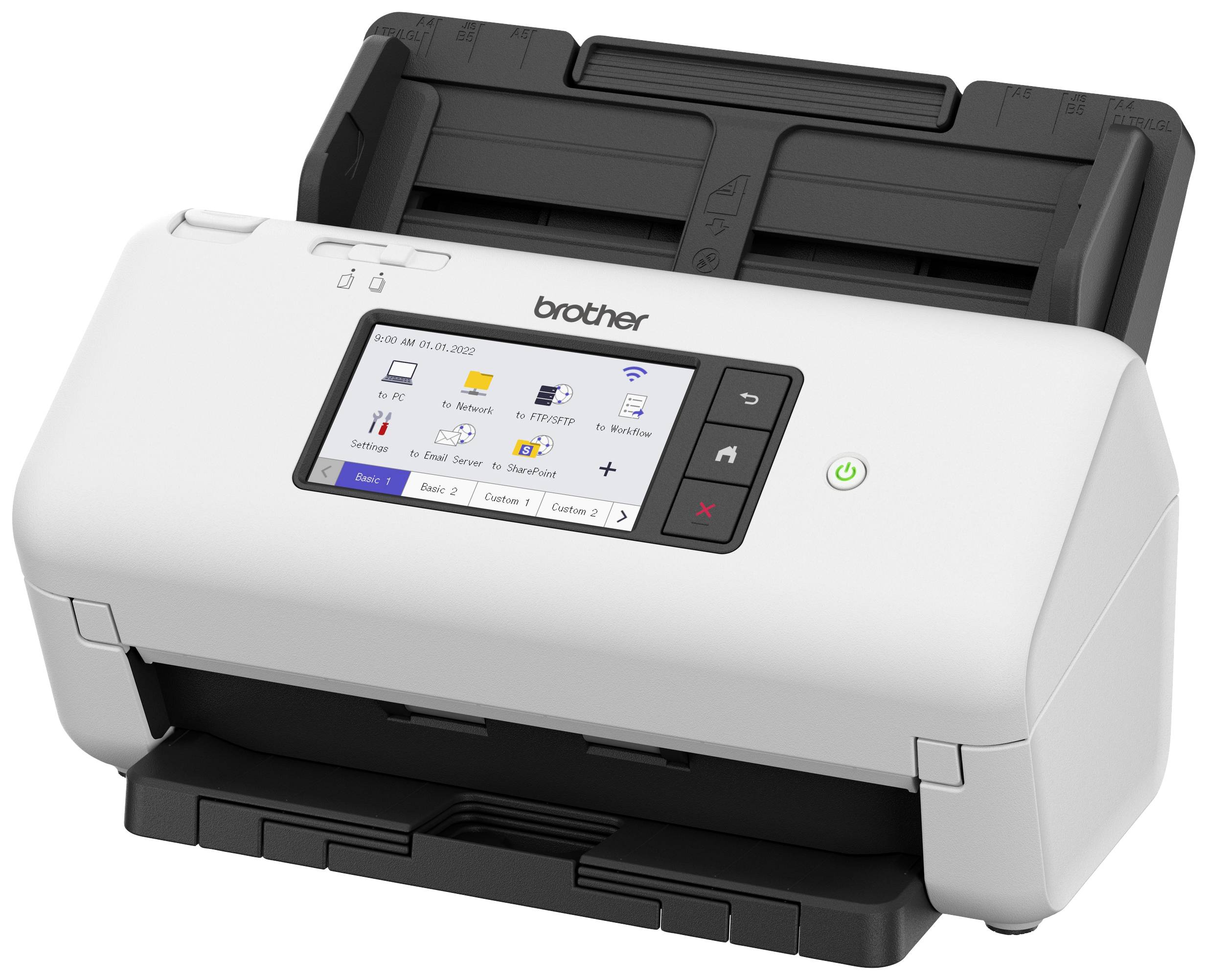 Ein weißer Desktop-Scanner mit Display, Tastenfeld und Dokumenteinzug. Der Scanner ist von der Marke Brother.
