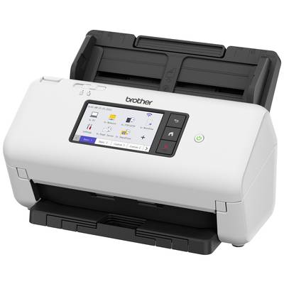 Ein weißer Desktop-Scanner mit Display, Tastenfeld und Dokumenteinzug. Der Scanner ist von der Marke Brother.