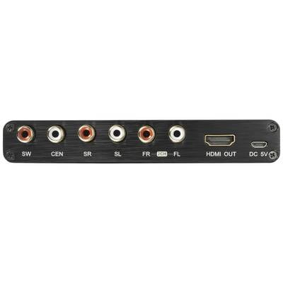 Rückansicht eines Audioverteilers mit Anschlüssen für SW, CEN, SR, SL, FR, FL, HDMI OUT und DC 5V.