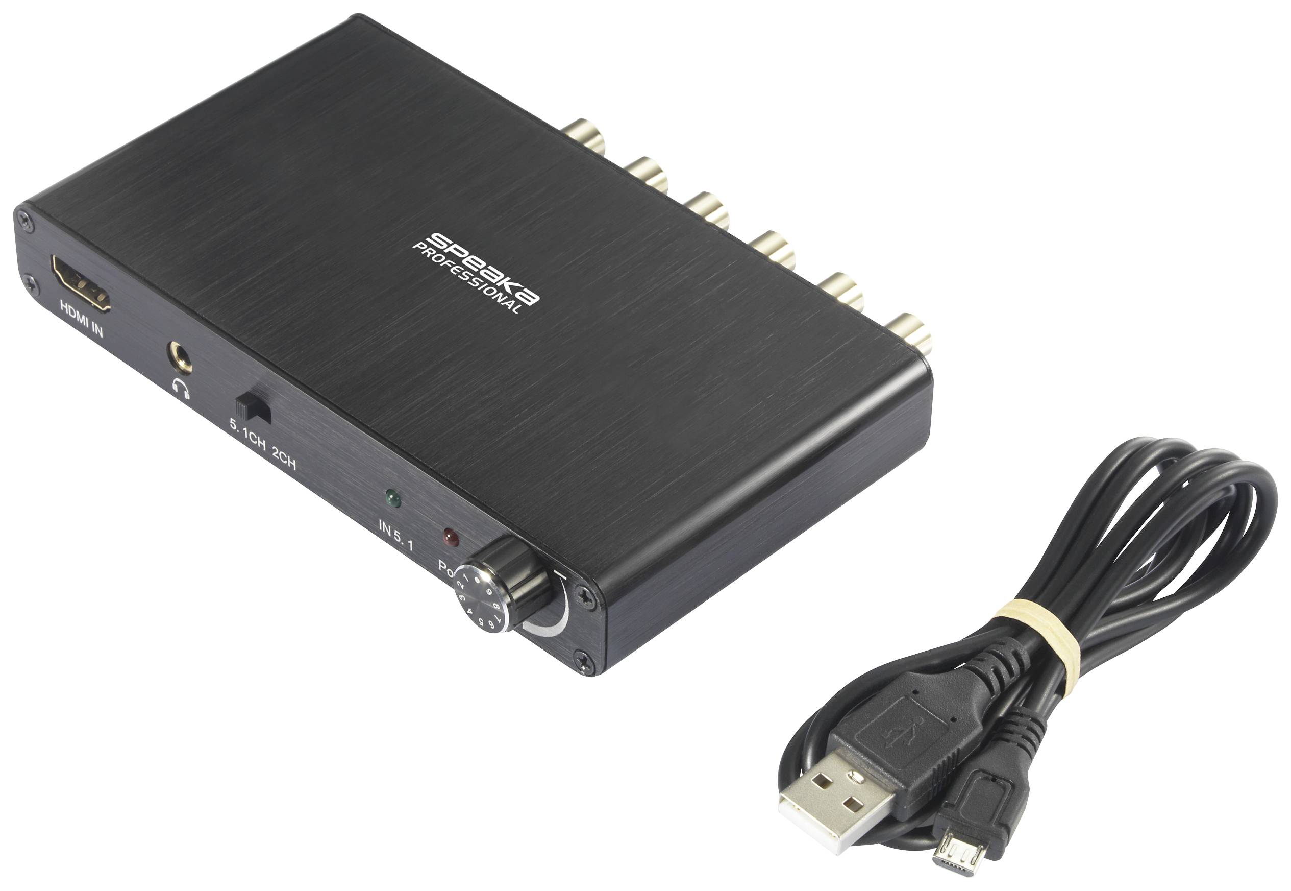 Externe Soundkarte in Schwarz mit mehreren Eingängen, einschließlich optischem und koaxialem Anschluss. USB-Kabel daneben.