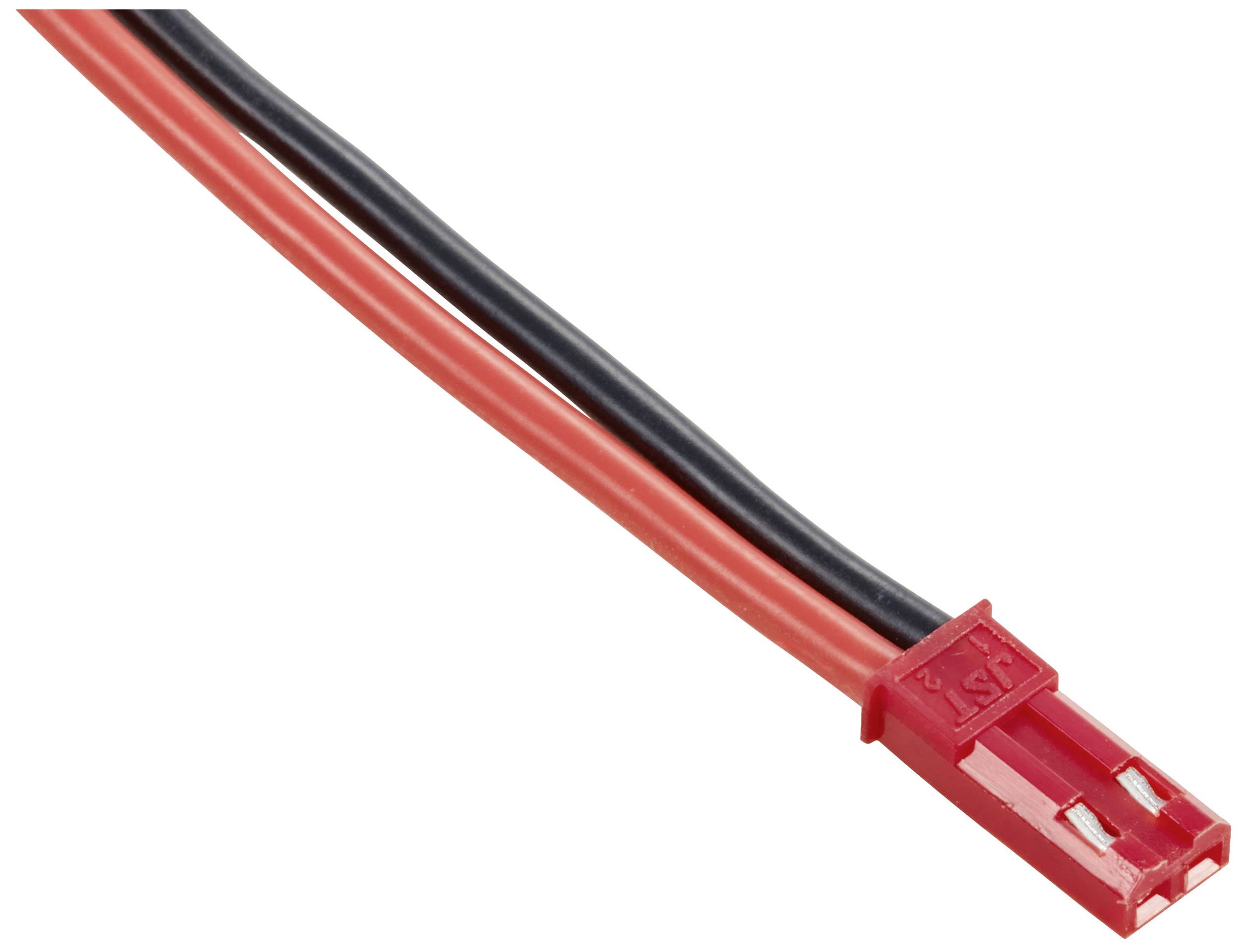 Zweiadriges Kabel mit roten und schwarzen Drähten, endet in einem roten Stecker für elektrische Verbindungen.