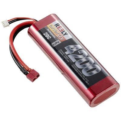 'Akkupack mit rotem Gehäuse und Aufschrift 4200 mAh und 20C, besitzt zwei Kabel mit Steckern. Geeignet für ferngesteuerte Modelle.'