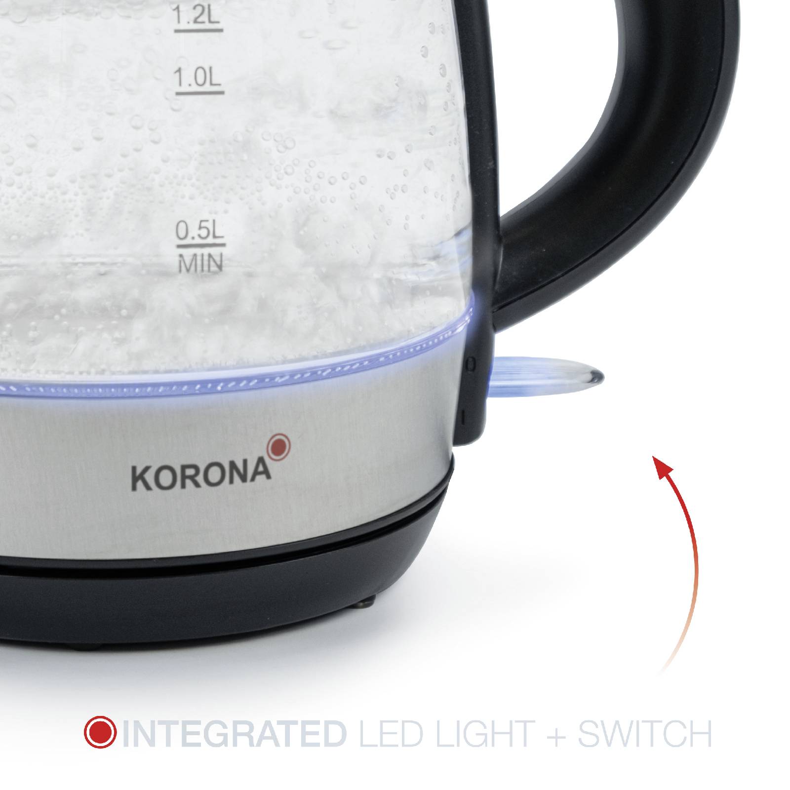Glaskessel mit Wasserstandsanzeige in Litern und Stabilitätsgriff. Markenname 'KORONA' auf Edelstahlboden.