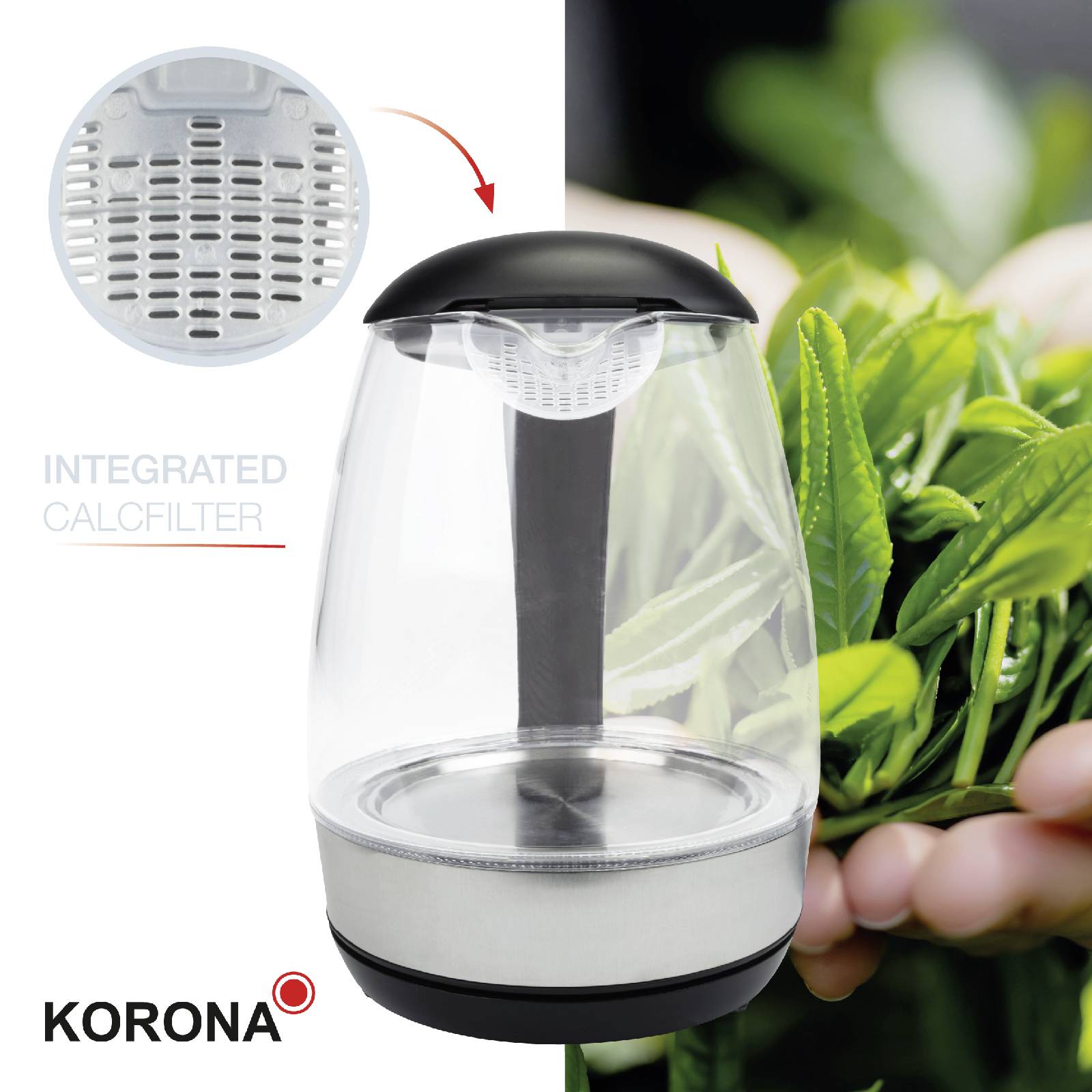 Wasserkocher mit Kalkfilter, neben einem Teeblatt-Bild. Markierte 'INTEGRATED CALCFILTER'-Zone zeigt Filterdetails an. Marke: KORONA.