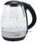 Wasserkocher mit durchsichtigem Glaskörper, darin kochendes Wasser. Schwarzer Griff; Wasserstandskala bis 1,2 Liter.