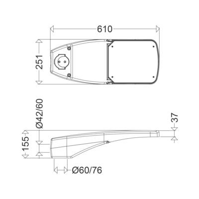 Technische Zeichnung einer Straßenleuchte mit Abmessungen: Oben 610 mm x 251 mm; Seitenansicht 155 mm Höhe, Durchmesser 60/76 mm.