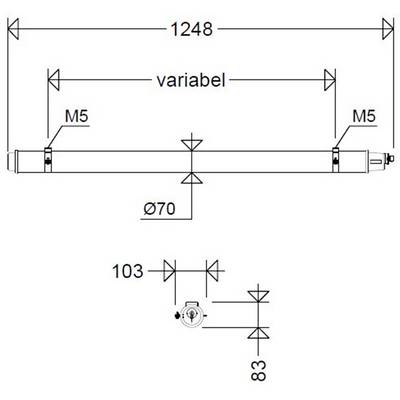 Technische Zeichnung eines Zylinders mit Angaben zu Abmessungen: Gesamtlänge 1248, variabel, Durchmesser Ø70, Anschluss M5.