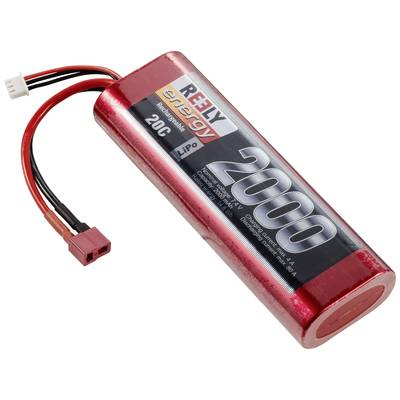 Roter Lithium-Polymer-Akku mit '2000 mAh' Kapazität und 7,4 V Spannung. Schwarze und rote Anschlusskabel mit einem Steckverbinder.