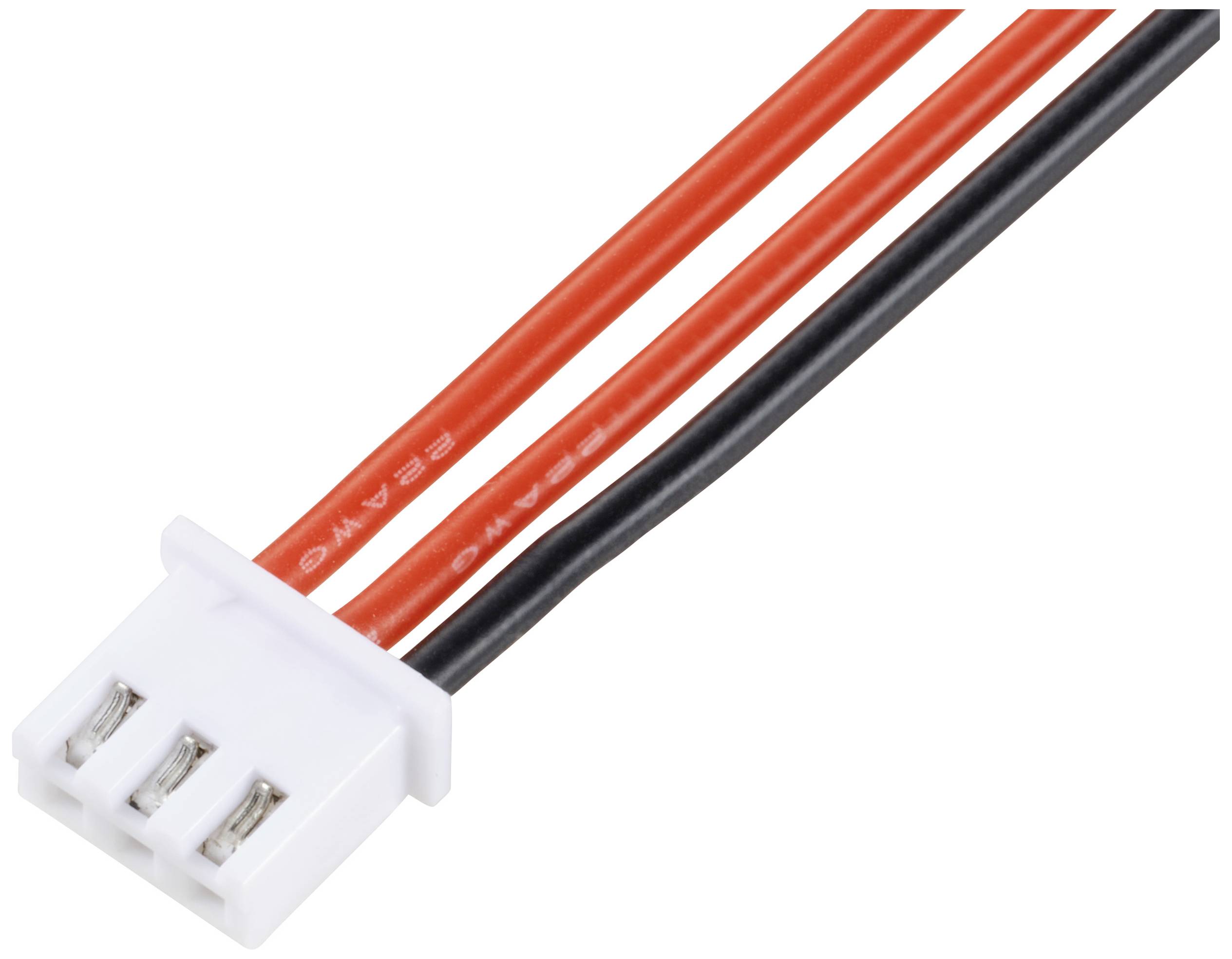 Ein weißer dreipoliger Stecker mit drei angebrachten Kabeln: zwei rot und eines schwarz.