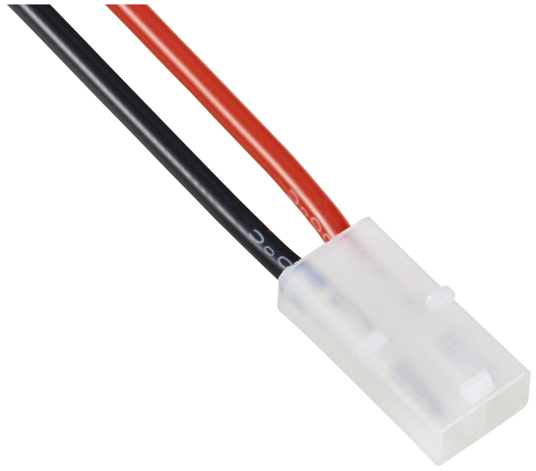 Ein weißer zweipoliger Stecker mit schwarzen und roten Kabeln, der für elektrische Verbindungen verwendet wird.