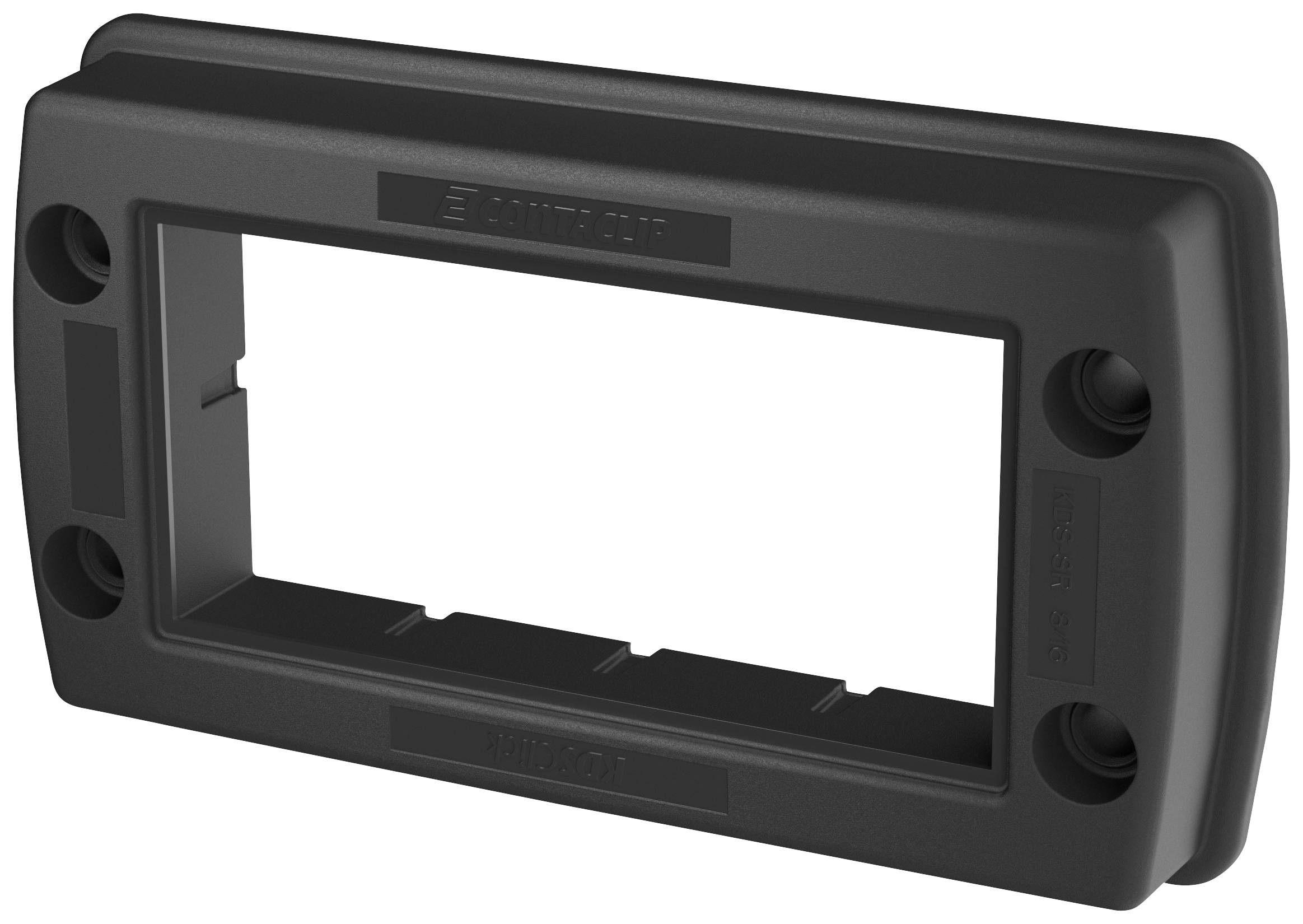 Schwarzer rechteckiger Kunststoffrahmen mit Schraublöchern an den Ecken, möglicherweise zur Befestigung von Geräten oder Abdeckungen geeignet.