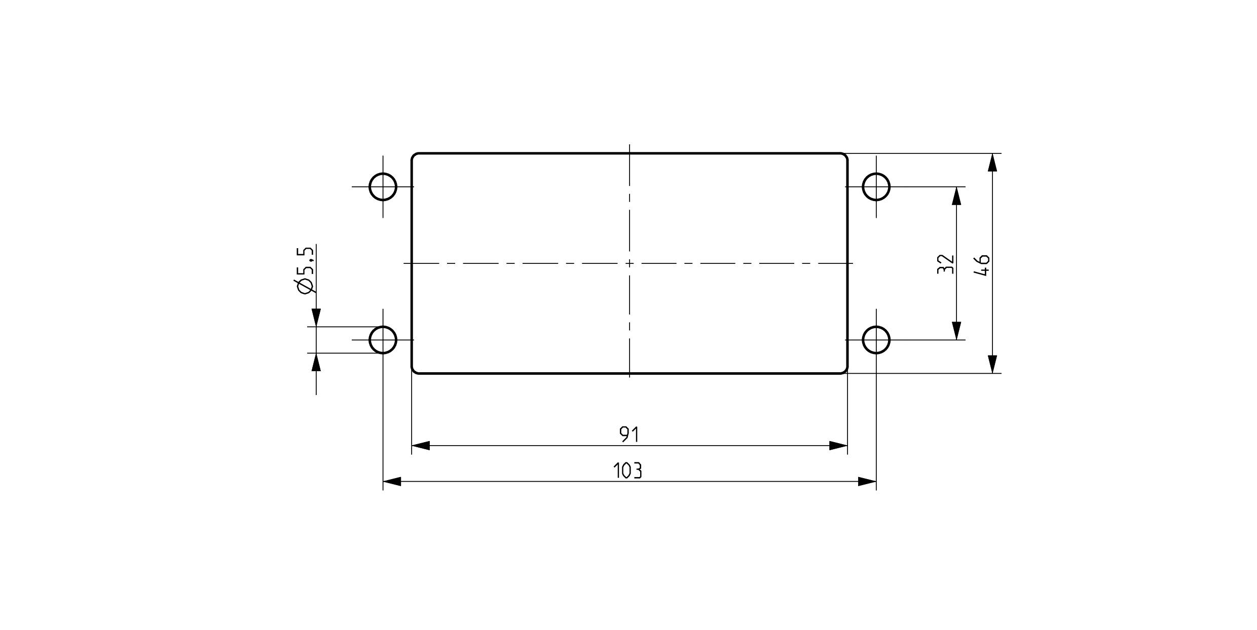 Technische Zeichnung eines rechteckigen Bauteils mit Maßen: 103 mm Breite, 32 mm Höhe, Bohrungen mit Durchmesser 5,5 mm.