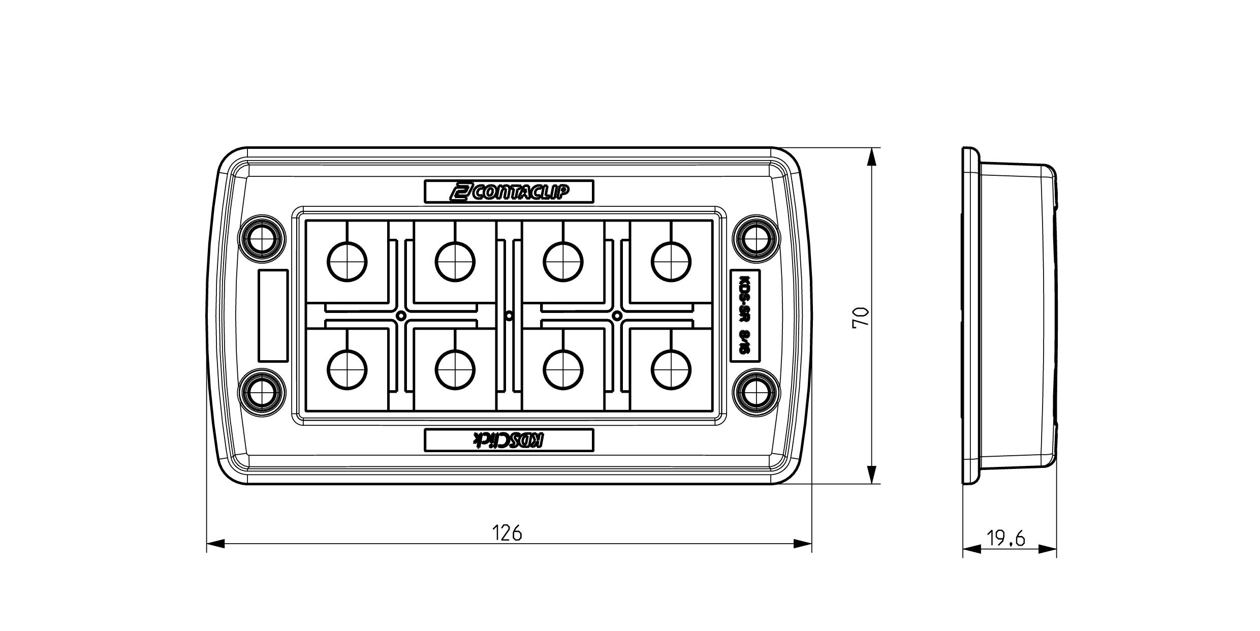 Technische Zeichnung eines rechteckigen Geräts mit Abmessungen 126 mm x 70 mm x 19,6 mm. Oben steht 'Optimist Plus SX' und 'PF-334090'.