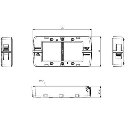 Technische Zeichnung eines rechteckigen Bauteils mit Abmessungen: 126 mm x 64 mm x 21,2 mm. Zeigt Ansichten von oben, vorne und seitlich.