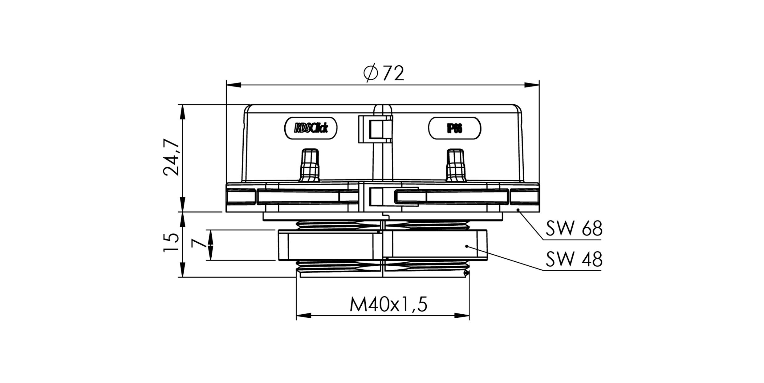 Technische Zeichnung eines zylindrischen Teils, 72 mm Durchmesser, mit Anschlüssen und Gewinde M40x1,5, Maße und Schraubenschlüsselgrößen angegeben.