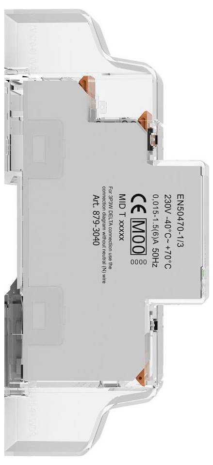 Ein grauer Elektrozähler mit Aufschrift 'EWS9470L-13', technischen Spezifikationen und Prüfzeichen, montiert in einem transparenten Gehäuse.