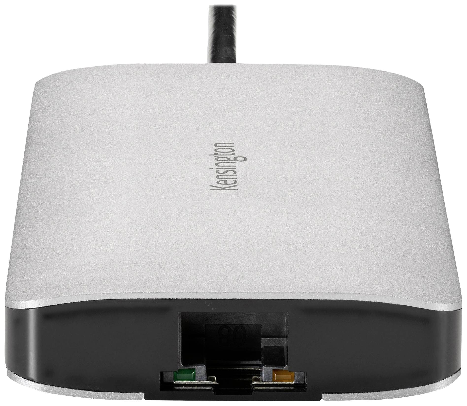 Flaches, silbernes Computerzubehör mit 'Kensington' Aufschrift, LAN-Anschluss sichtbar auf einer Seite.