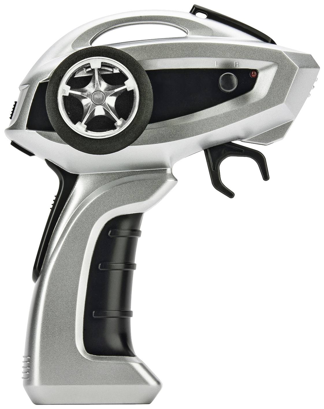Handfernbedienung in Silber und Schwarz, geeignet zur Steuerung von ferngesteuerten Fahrzeugen. Enthält Trigger und Lenkrad.