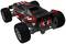 Ein ferngesteuertes Auto mit großer Bodenfreiheit und breiten Reifen. Das Fahrzeug ist in Schwarz, Rot und Weiß gestaltet.