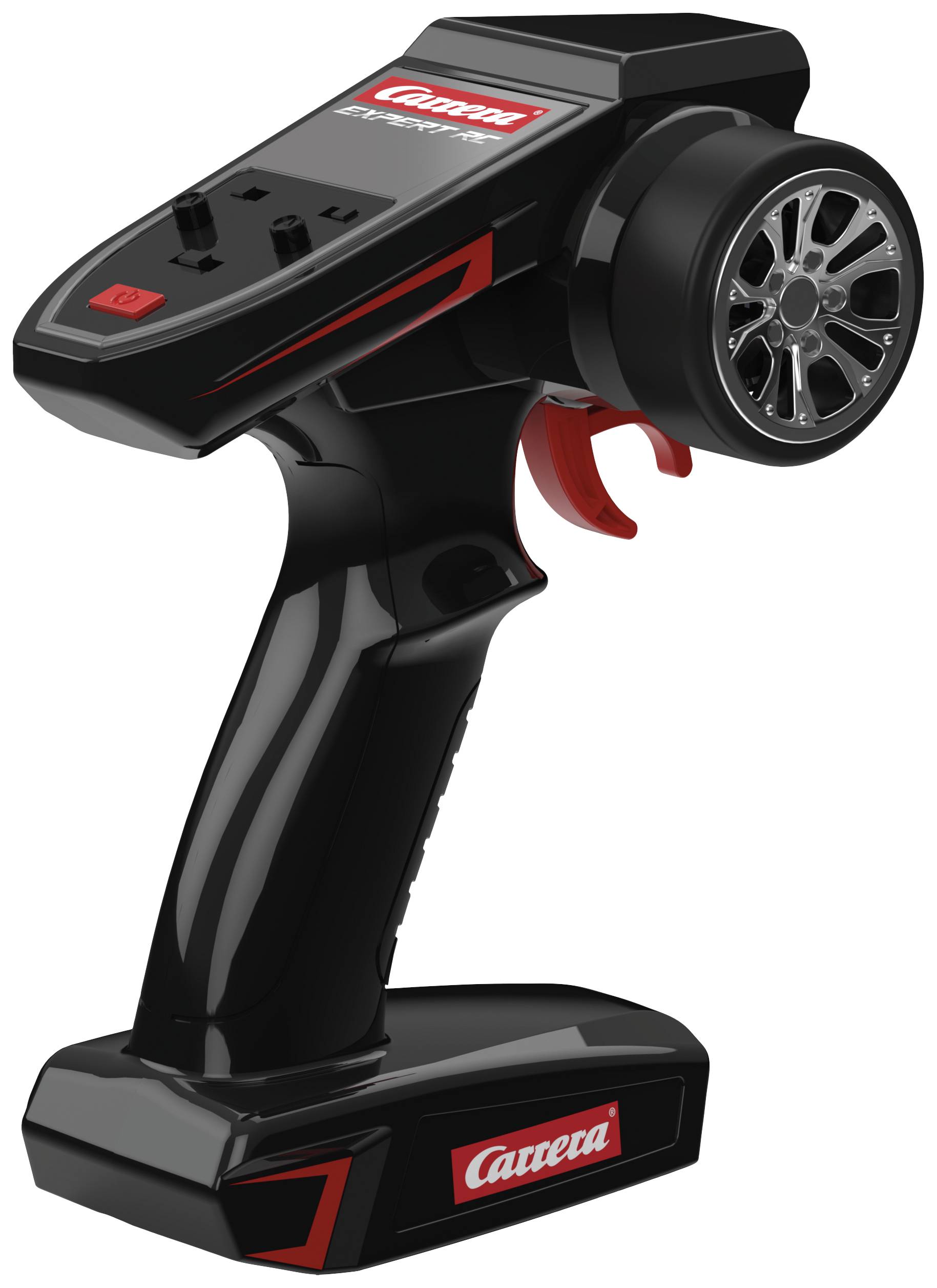 Ein schwarzer, ergonomisch geformter Fernsteuerungscontroller mit roten Akzenten und einem großen Rad, verwendet für ferngesteuerte Fahrzeuge.