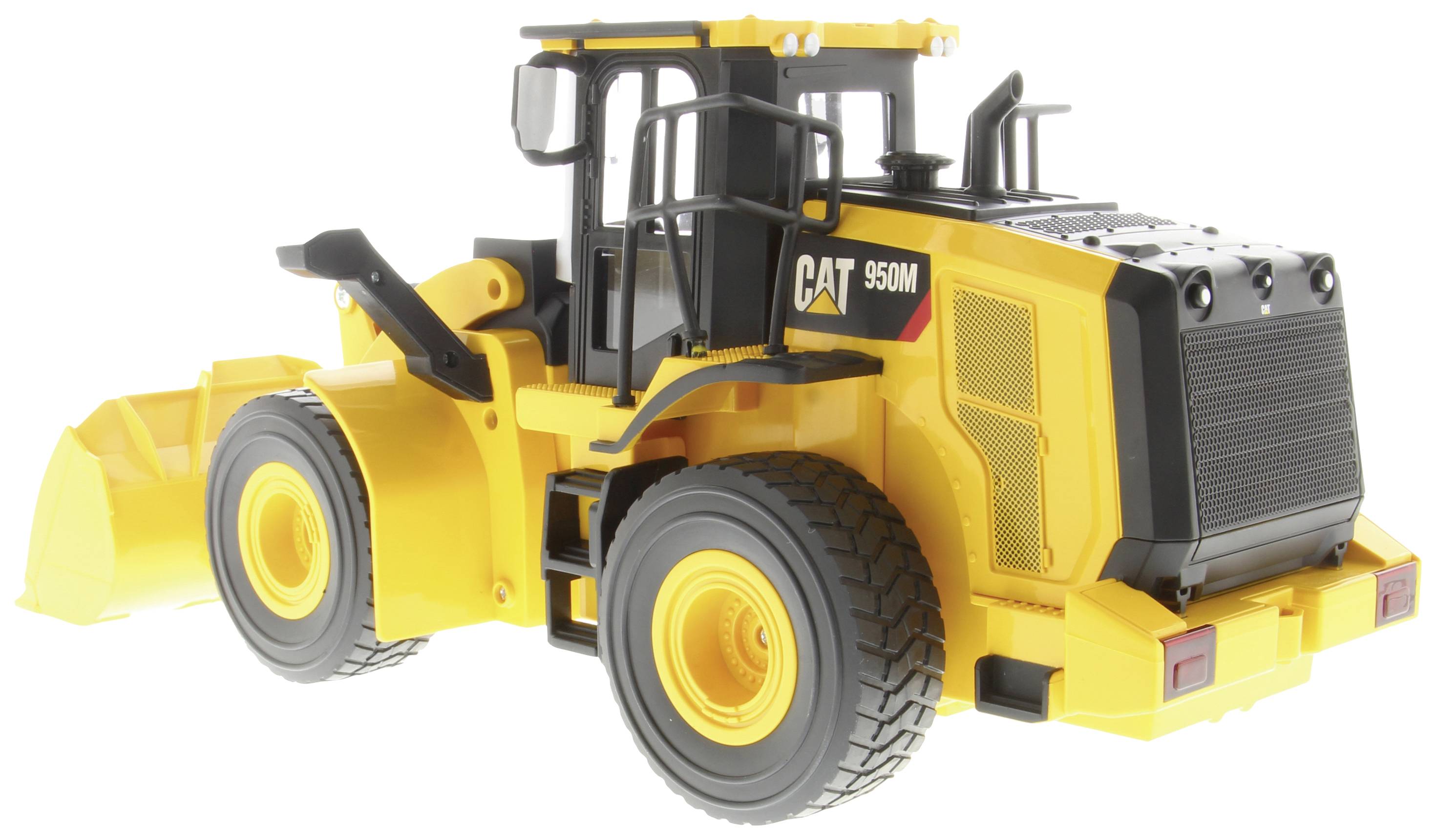 Ein gelber Radlader-Modelltraktor steht im Profil. Er hat große Räder und einen markanten schwarzen Rahmen mit einem Schaufelarm.