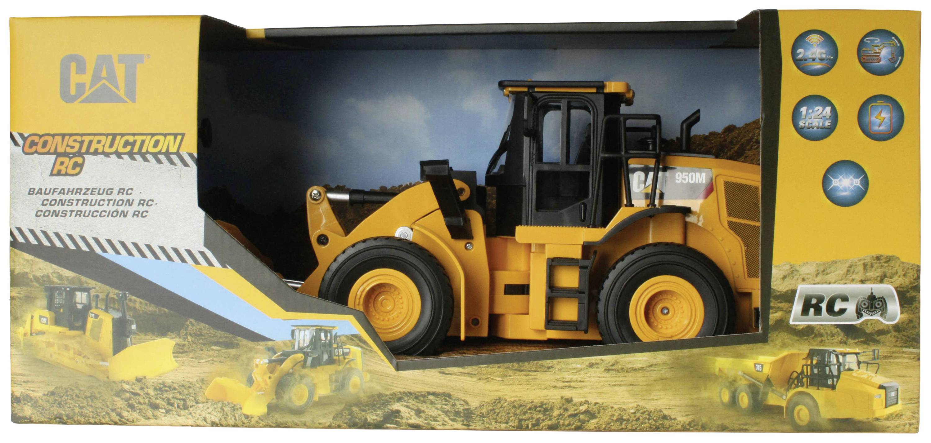 Ein gelbes Spielzeug-Baufahrzeug im Maßstab, verpackt in einer Karton-Schachtel. Aufdruck 'CONSTRUCTION RC' und Markenlogo sichtbar.