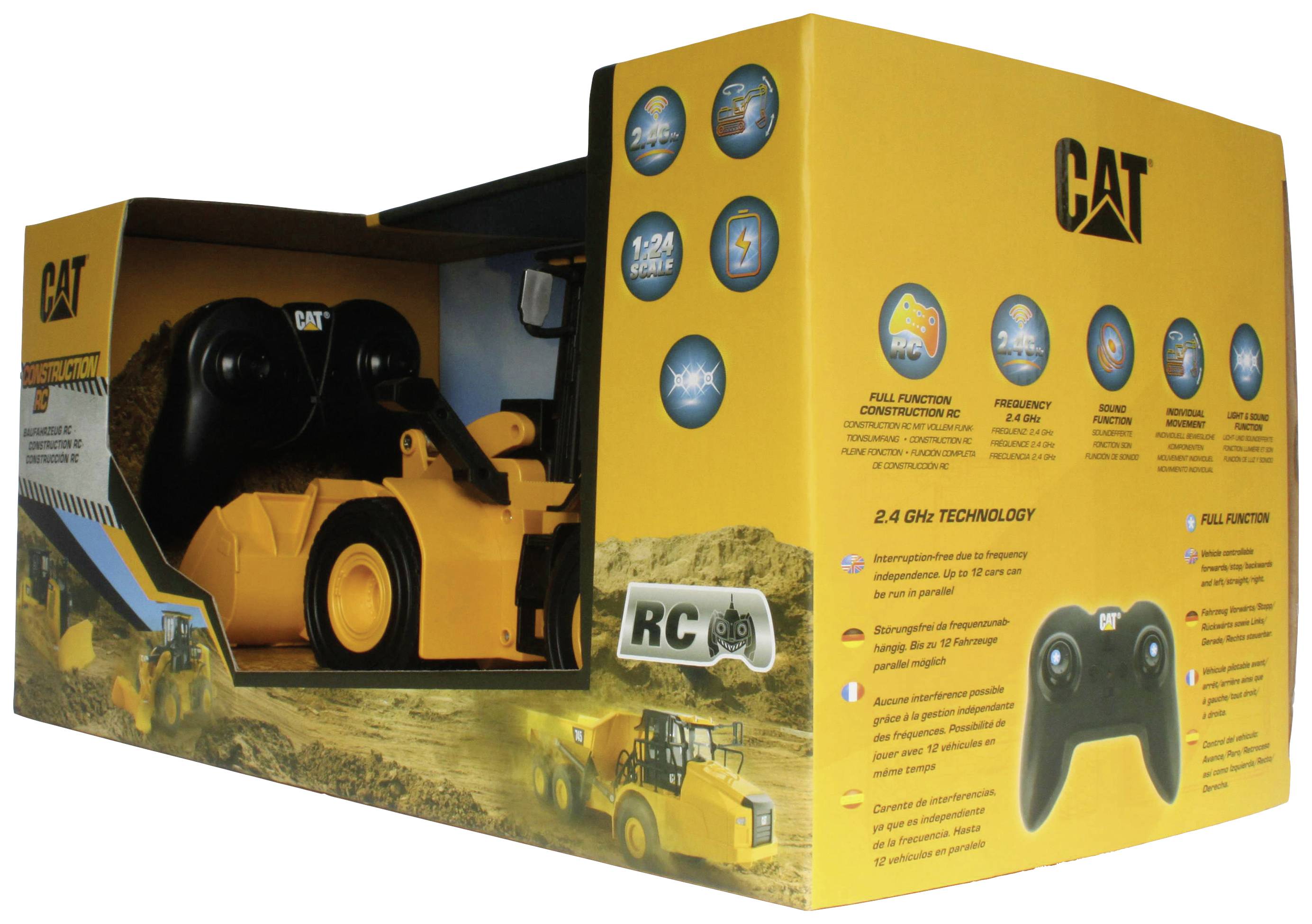 Eine Spielzeugbaumaschine in einer gelben Verpackung der Marke CAT. Enthält eine Fernsteuerung und Details zu den Funktionen.