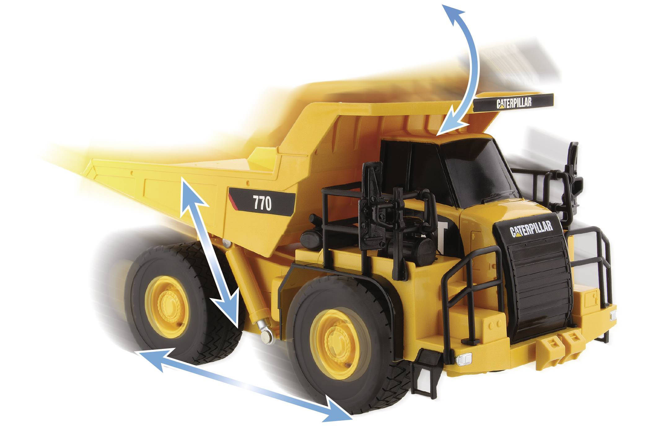 Großer gelber Muldenkipper mit Markierung 'Caterpillar 770', bewegliche Teile zeigen Richtungen, robust und für schwere Lasten geeignet.