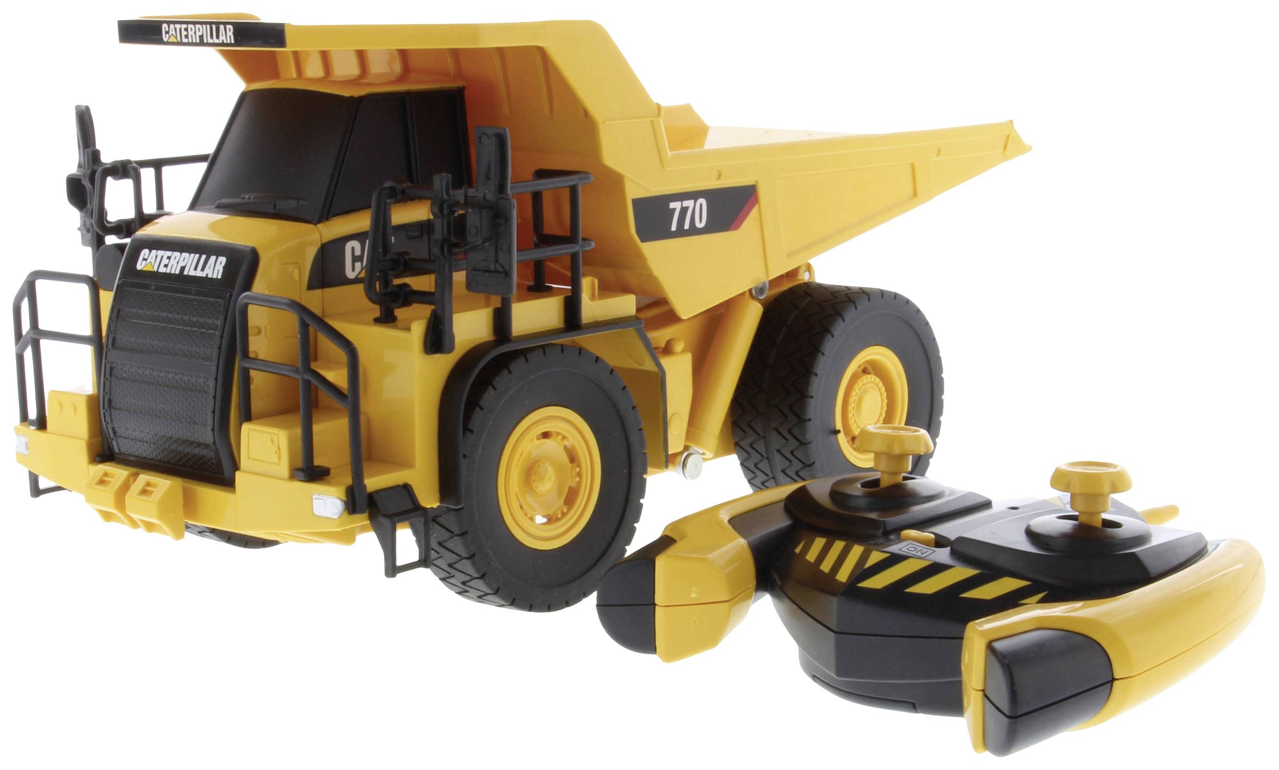 Spielzeug-Modell eines gelben Kippers mit Fernsteuerung. Links vorne steht 'Caterpillar' und '770'.