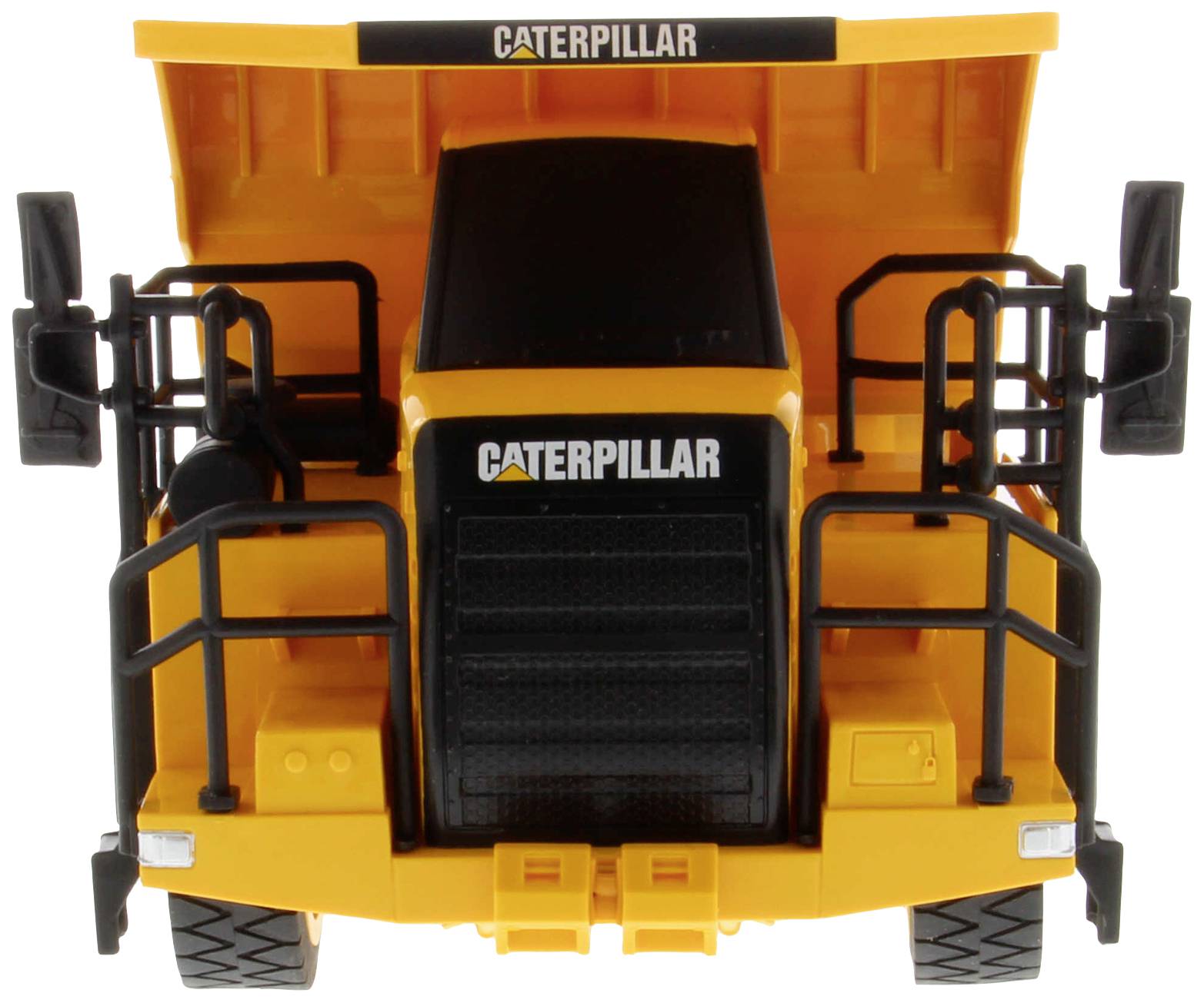 Spielzeug-Truck-Modell in gelb und schwarz mit 'Caterpillar'-Logo auf der Motorhaube. Für Kinder oder Sammler geeignet.