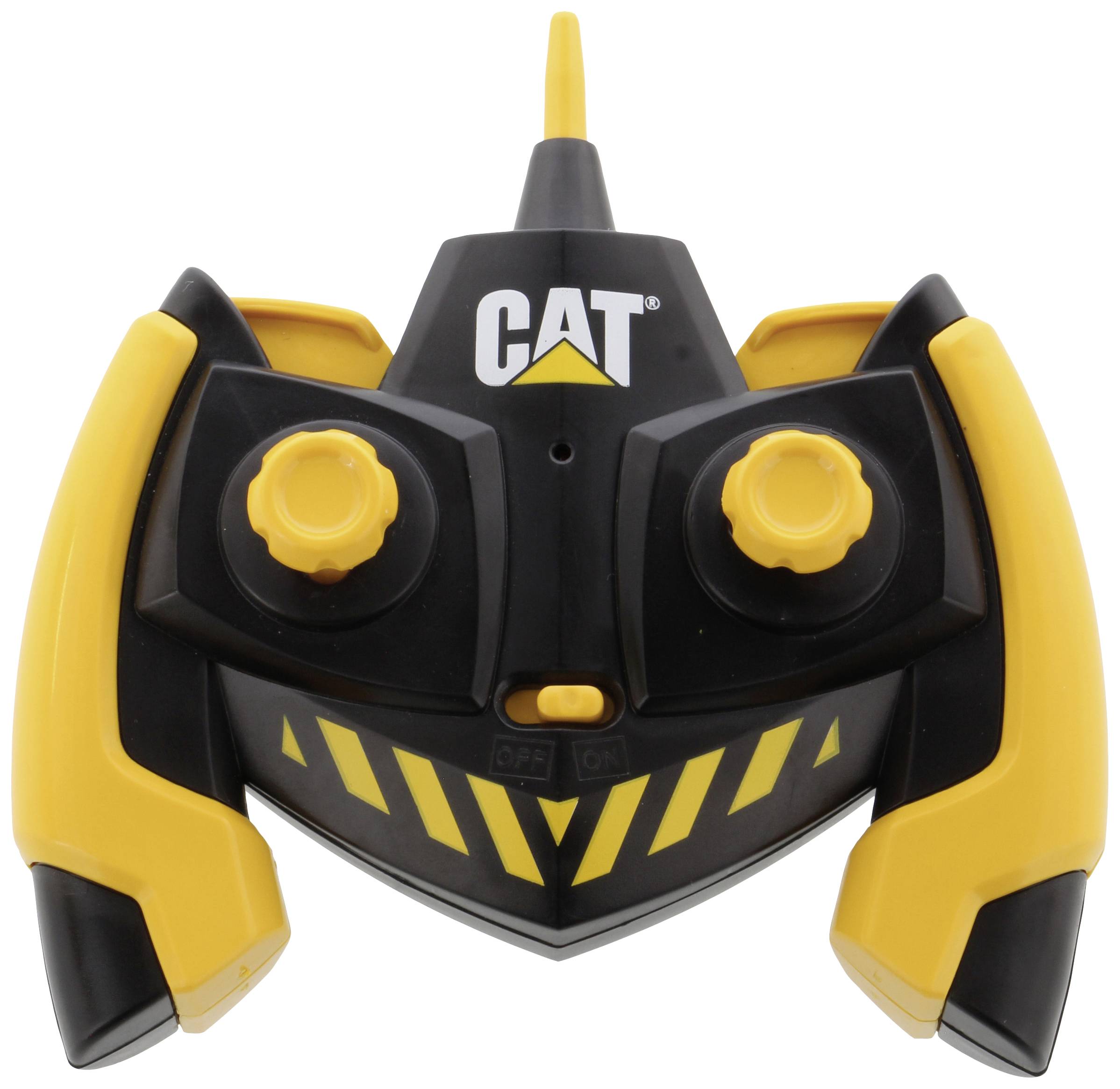 Ein gelb-schwarzer Fernsteuerungs-Controller mit zwei Drehknöpfen, gekennzeichnet mit 'CAT'.