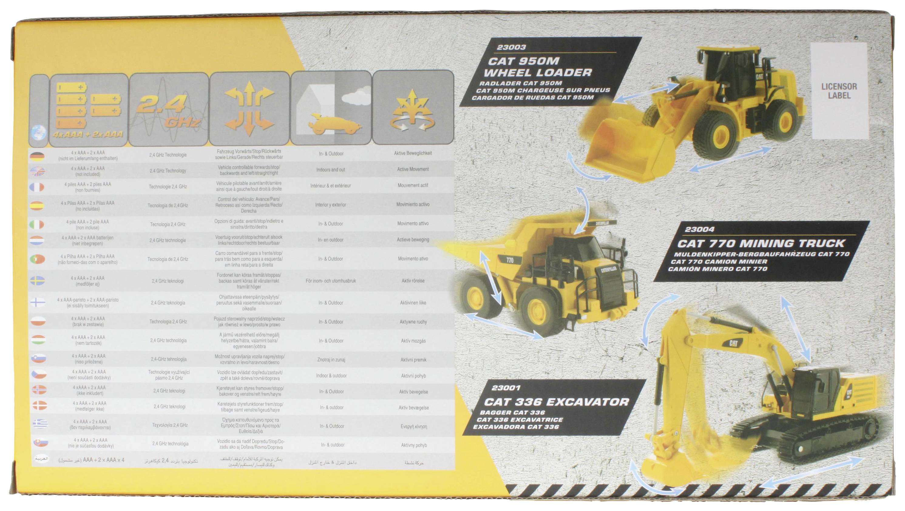 Drei gelbe Baufahrzeuge sind abgebildet: CAT 950M Radlader, CAT 770 Minen-Lkw, CAT 336 Bagger. Jedes Fahrzeug ist mit technischen Details beschrieben.