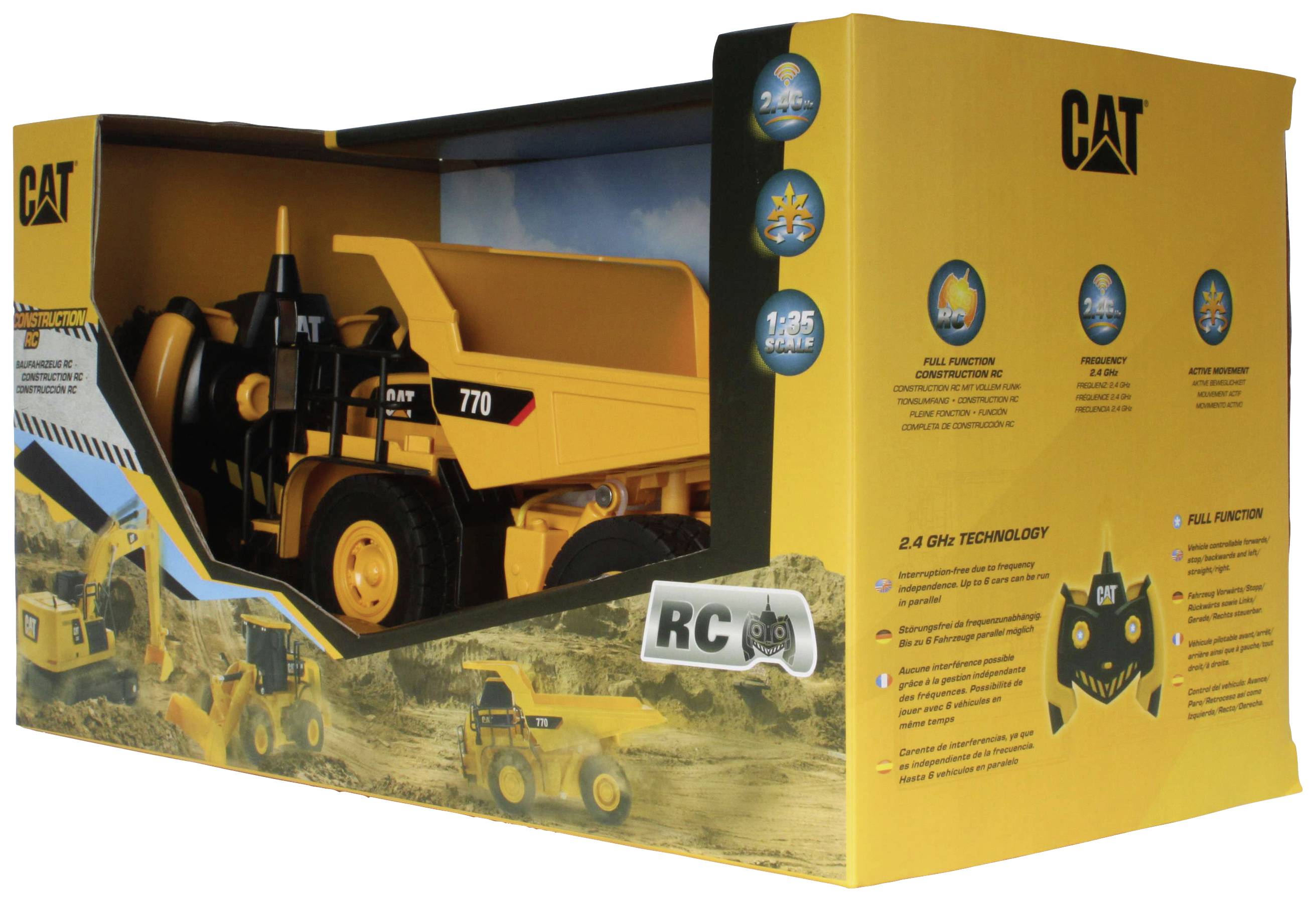 Spielzeugmodell eines gelben CAT Muldenkippers, '770', in Verpackung. Enthält 2,4 GHz Fernsteuerung, Maßstab 1:25, realistisches Design.