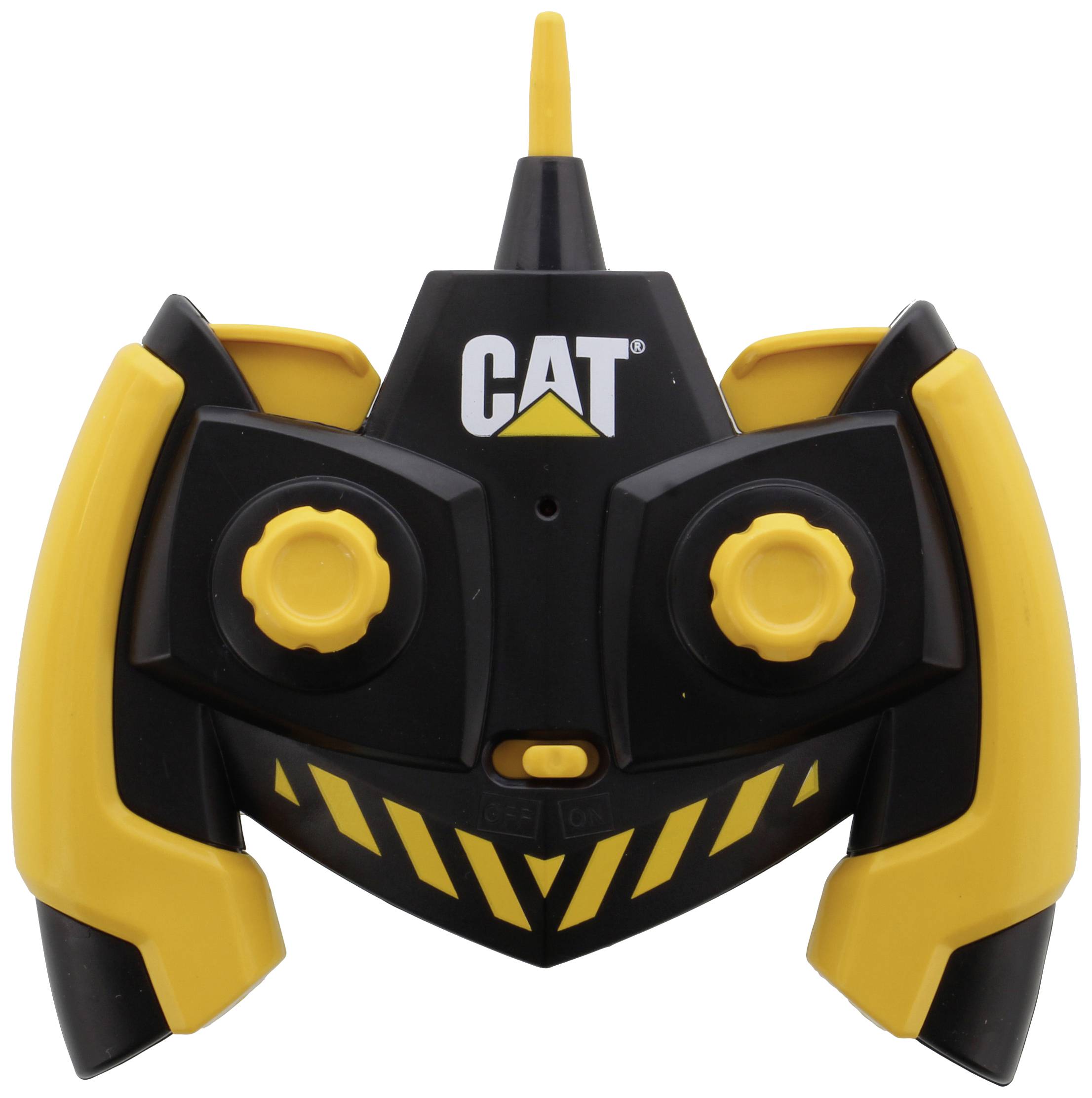 Ein schwarz-gelber Fernbedienungscontroller mit zwei Drehknöpfen und einer Antenne. Aufschrift 'CAT'.