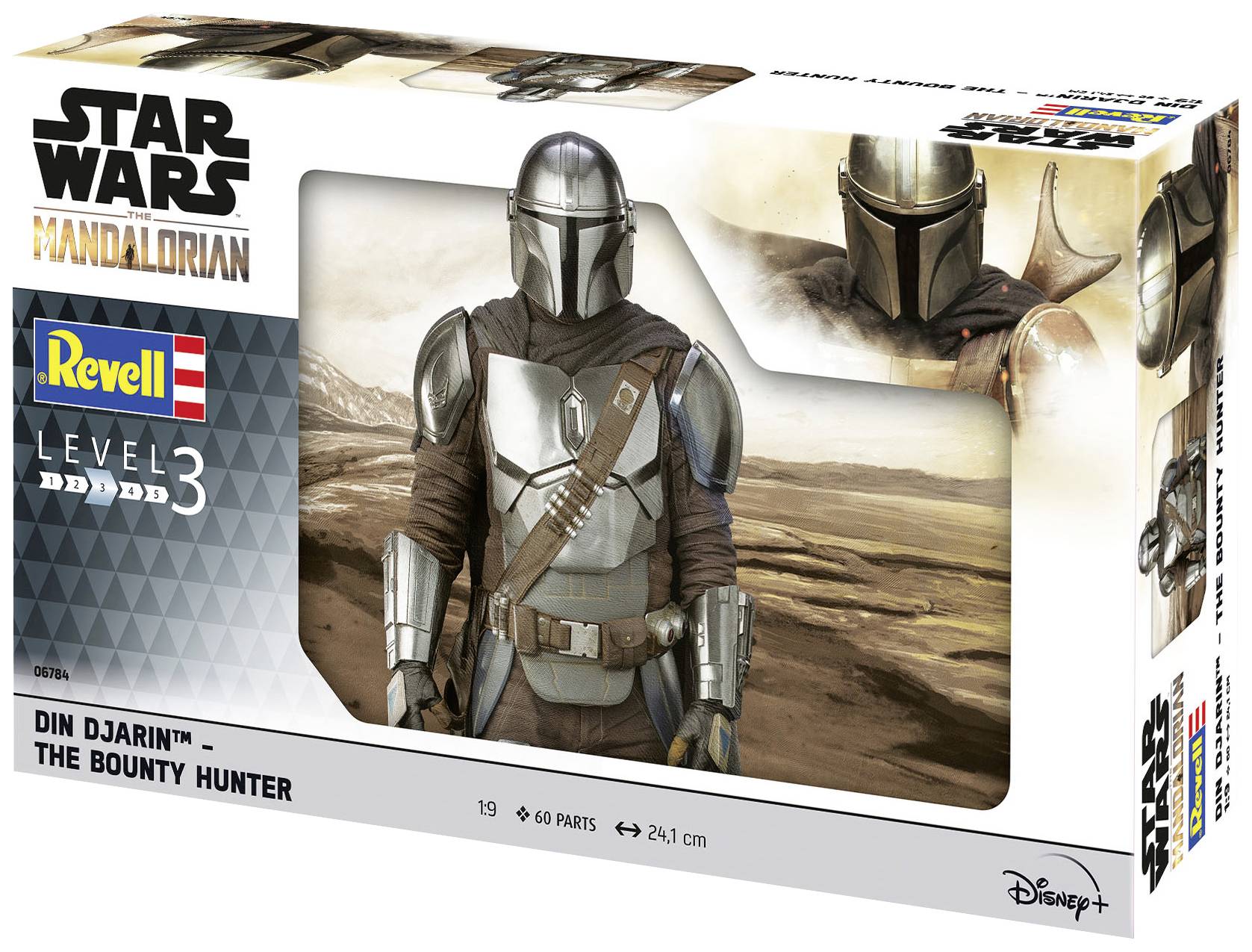 Verpackung eines Modellbausatzes von Din Djarin, dem Kopfgeldjäger aus 'Star Wars: The Mandalorian'. Revell, Level 3, 19 cm, 60 Teile.