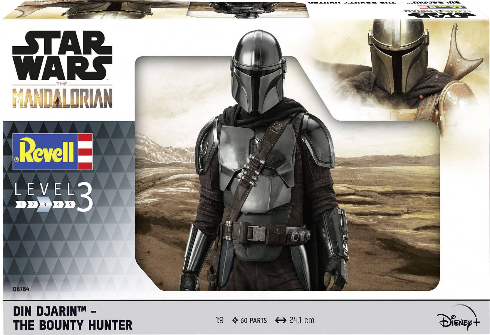 Eine Verpackung eines Modellbausatzes zeigt einen gepanzerten Charakter aus 'Star Wars: The Mandalorian' auf einer Wüstenlandschaft.