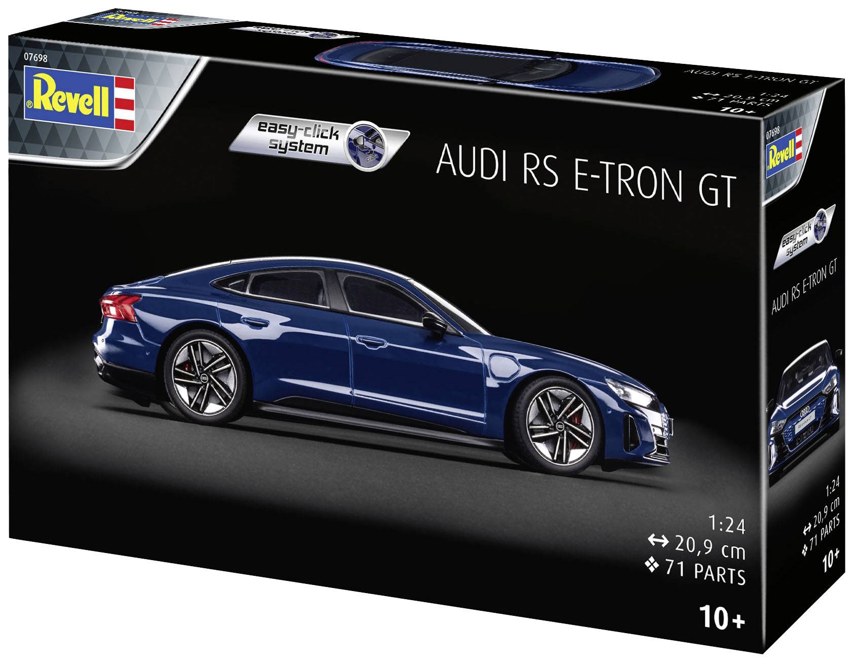 Modellbausatz von Revell: Audi RS e-tron GT im Maßstab 1:24, 71 Teile. Verpackung zeigt Bild des fertigen Modells. Ab 10 Jahren geeignet.