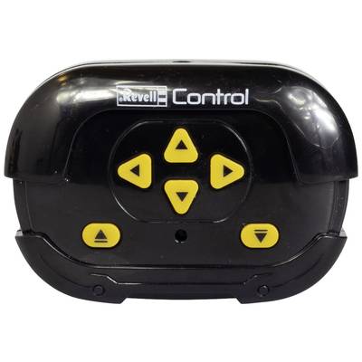 Schwarze Fernbedienung mit gelben Richtungstasten. Oben links ist das Logo 'Revell Control'. Ideal für die Steuerung von Spielzeugautos.