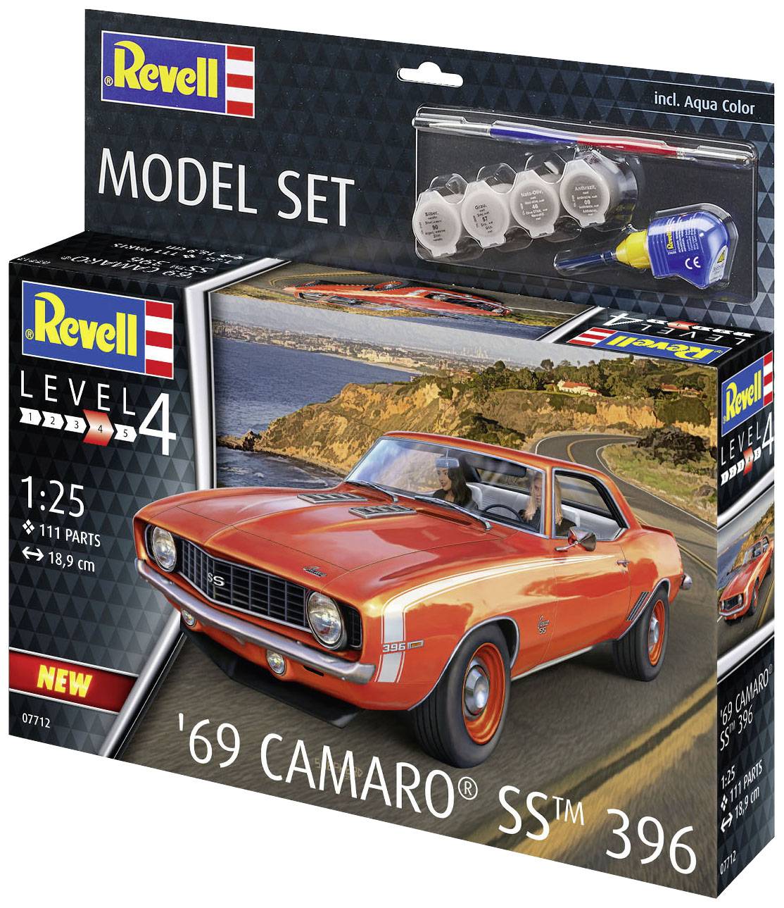 Bausatz für Revell-Modell. Enthält Farben und Pinsel. Abbildung eines orangefarbenen '69 Camaro SS' Autos auf der Verpackung.