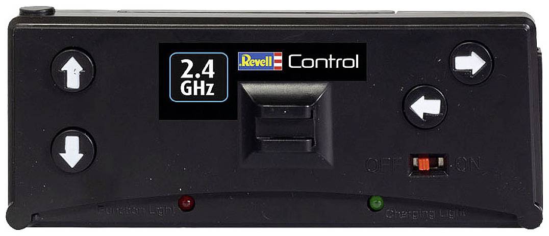 Schwarze Fernbedienung mit 2,4 GHz Display und 'Revell Control' Logo. Enthält Steuerknöpfe für Richtung und Schalter für Ein/Aus.