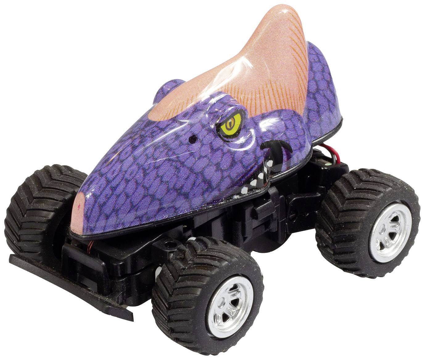 Ein kleines Spielzeugauto mit großen Reifen, dekoriert als lila Dinosaurierkopf mit gelben Augen und rosa Rückenflosse.