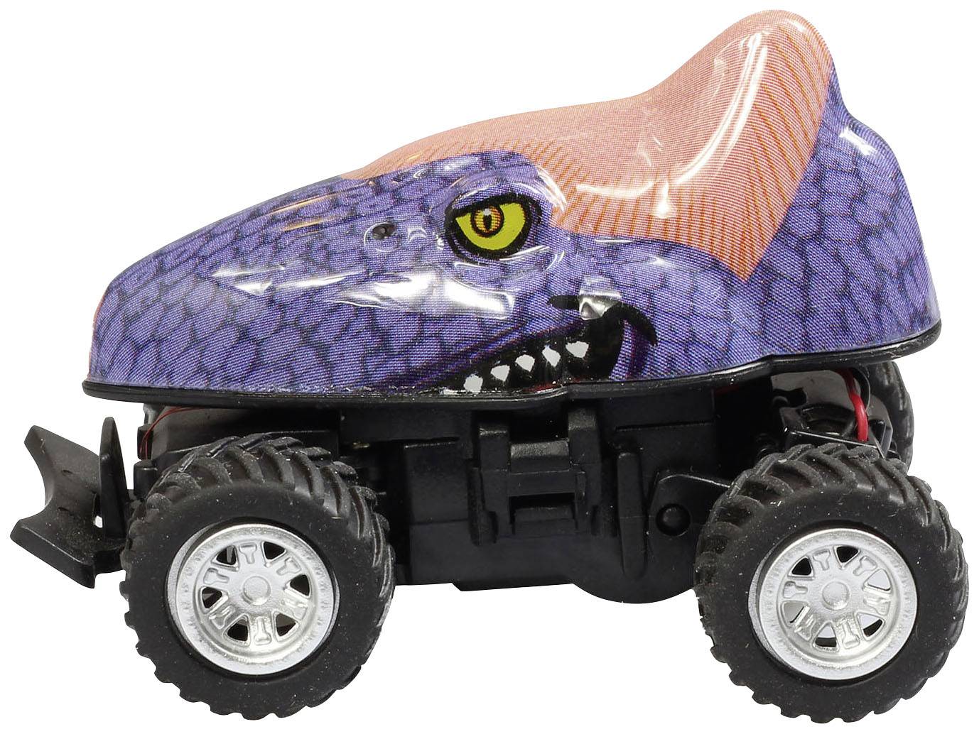 Spielzeugauto in Form eines Dinosauriers mit violetter Haut und gelben Augen, auf großen Rädern montiert.
