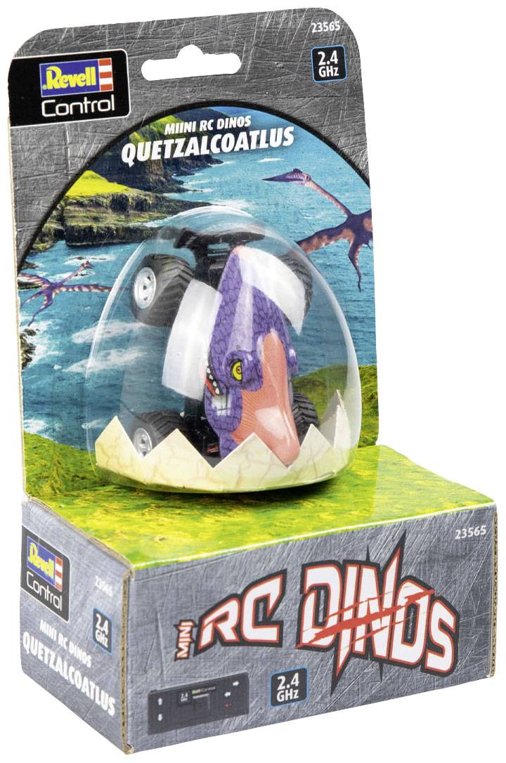 Spielzeugverpackung mit der Aufschrift 'Mini RC Dinos - Quetzalcoatlus', enthält ein ferngesteuertes Dino-Fahrzeug, thematisch Dschungel.