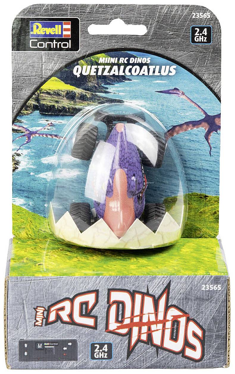 Miniatur RC-Dino-Spielzeug 'Quetzalcoatlus' im Ei, von Revell, für 2,4 GHz Kontrolle konzipiert. Verpackung mit Dinosaurier-Hintergrund.