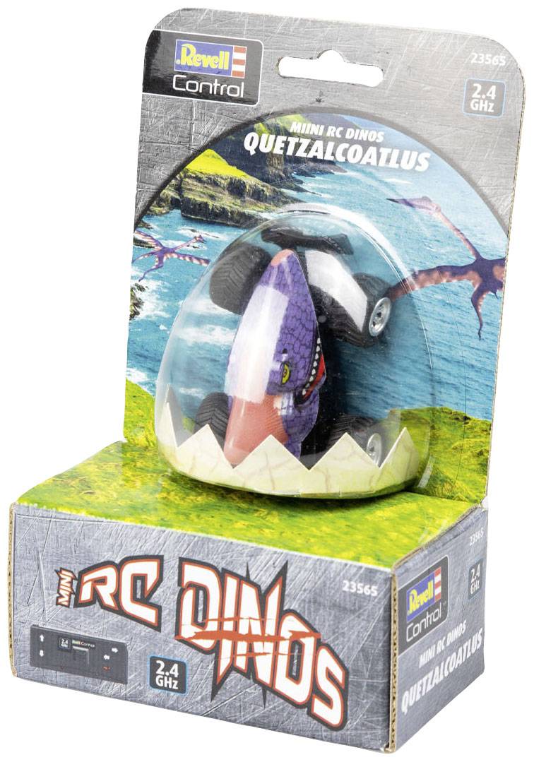 Verpackung eines ferngesteuerten Spielzeug-Dinosauriers mit der Aufschrift 'Mini RC Dinos Quetzalcoatlus'. Bild eines Dinos im Hintergrund.