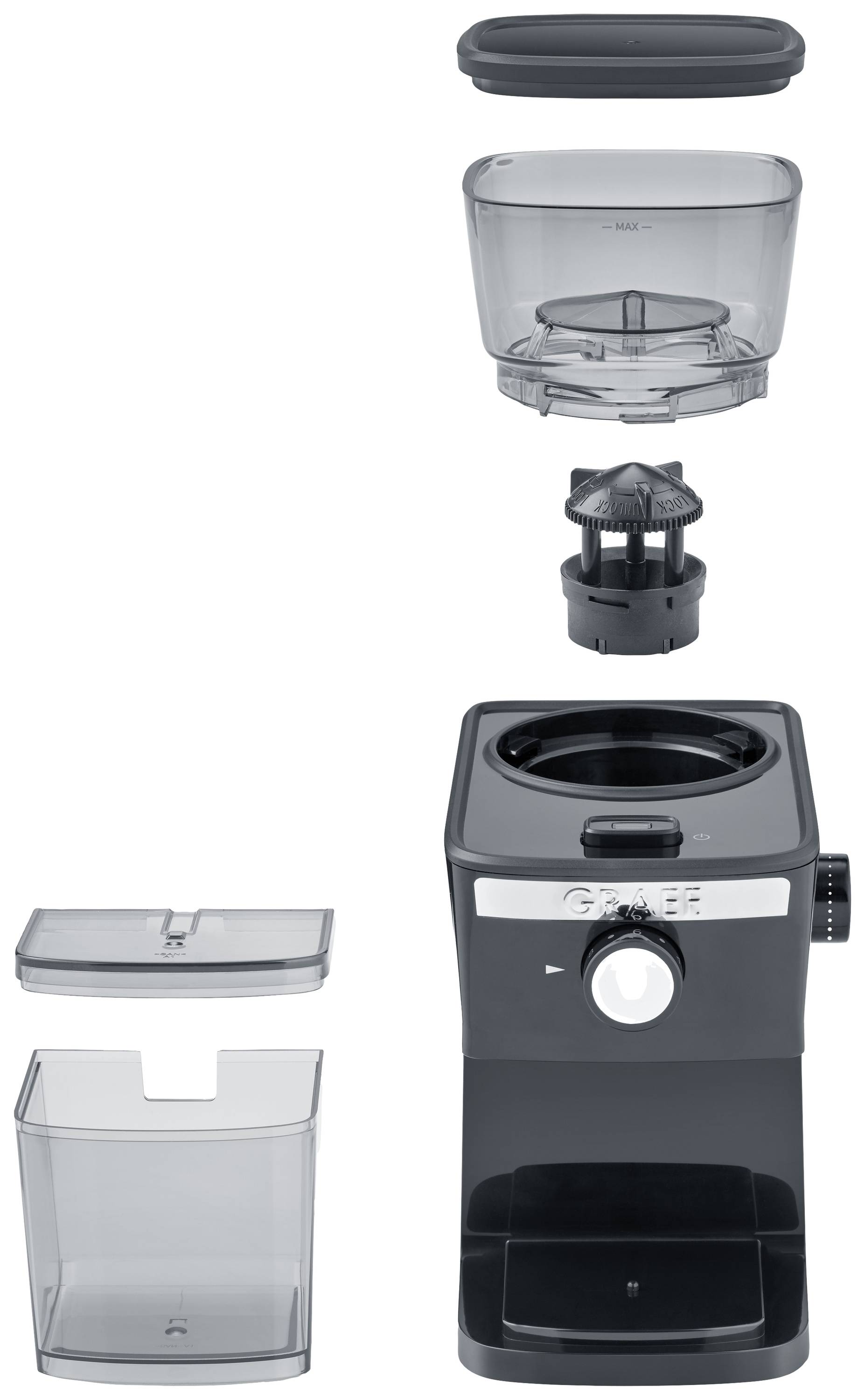 Kaffeemühle mit abnehmbaren Teilen: Bohnenbehälter, Kaffeepulverbehälter, Deckel und Mahlwerk in schwarz.